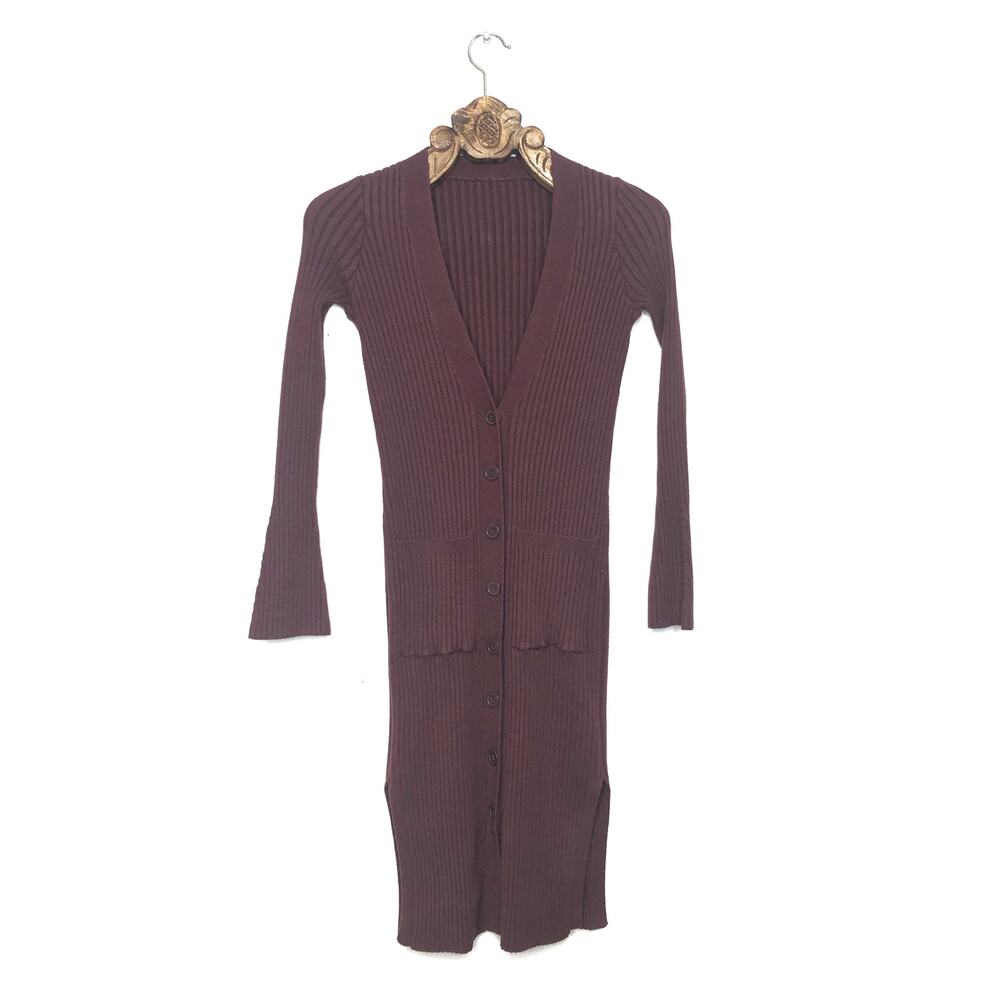 Forever 21 Long Cardigan Duster Rib Knit Maroon V Neck
